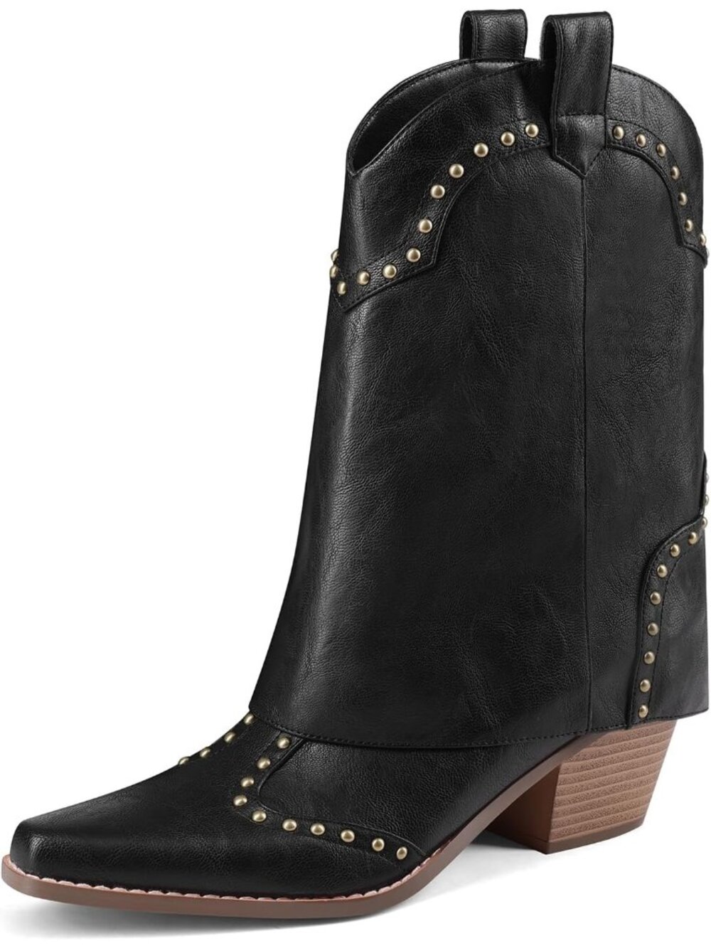 Women's Black Fold Over Ankle Chunky Heel Snip Toe Studded Shark Cowgirl Boots